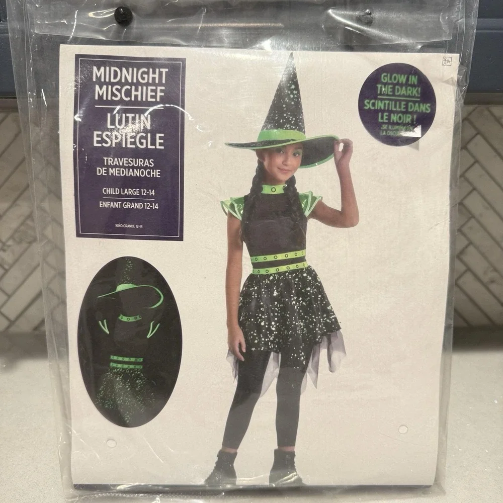 Midnight Mischief Witch Costume Kids L 12–14 Glow in Dark Hat Dress Halloween NW